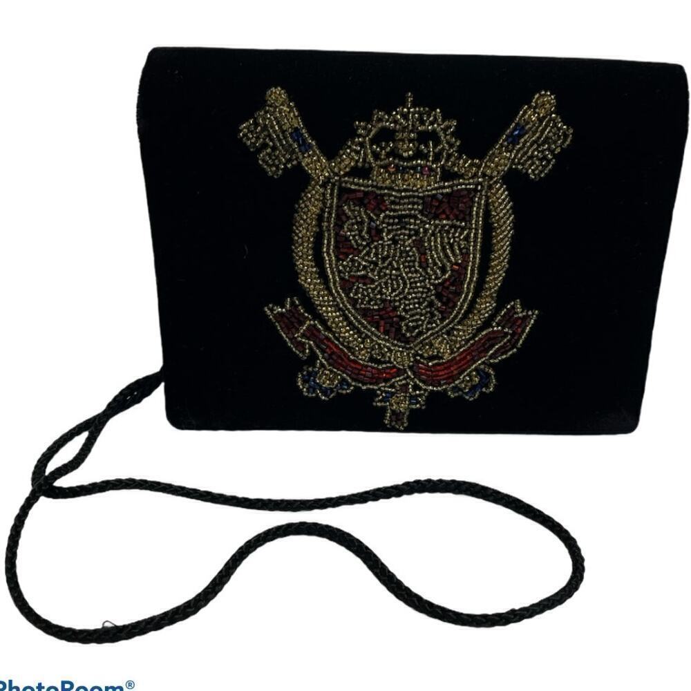 Vntg Carolyne Barton Black Velvet Beaded Coat of Arms Small Crossbody Purse Bag